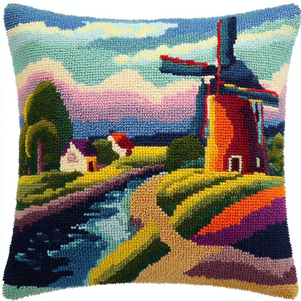 Wallustrioaw Windmills In The Village Latch Hook Pillow Kits 43X43cm,