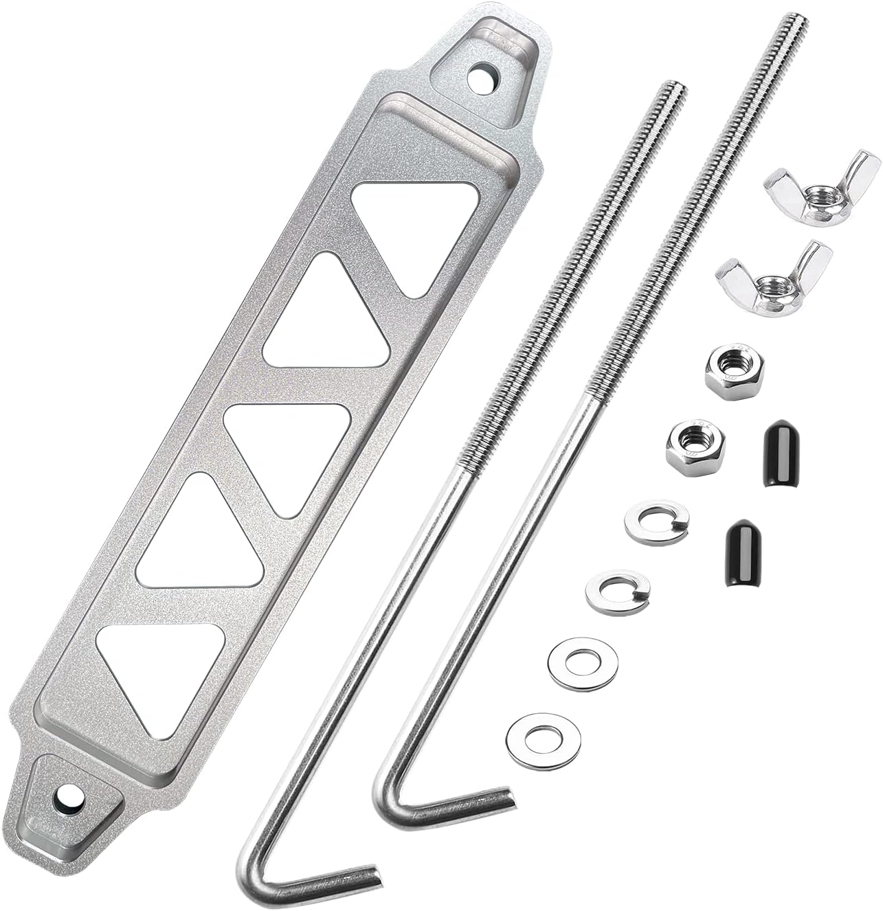 Battery Hold Down Sets,With Billet Aluminum Battery Tie Down Bracket and 18-8(304) Stainless Steel J bolts (Silver, 10 inch bolts)