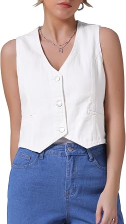 Womens Denim Vest V Neck Button Down Sleeveless Waistcoat Western Outfits Casual Jean Vests