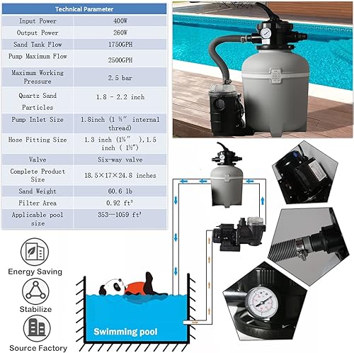 Miniatura 2 de YAGENICE Sistema de bomba de filtro de arena de 13 pulgadas, bomba de 13 y válvula de 6 vías, bomba de filtro de arena para piscina sobre el suelo,