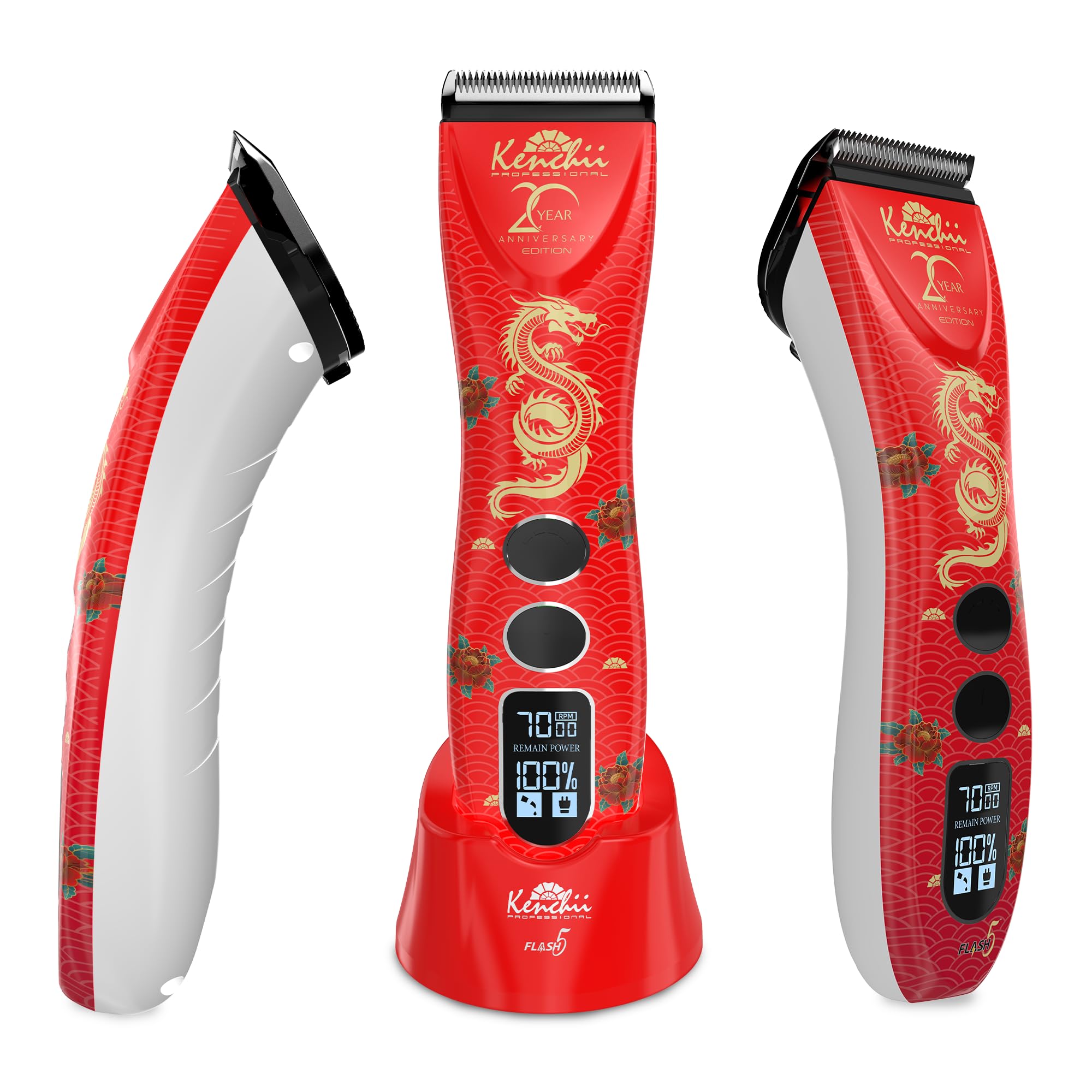 Kenchii Flash 5 Red Dragon Limited Edition - 5-in-1 Digital Cordless Clipper - Precision Pet Grooming: Trim, Shape, and Style Effortlessly USB-C Charging (Red)