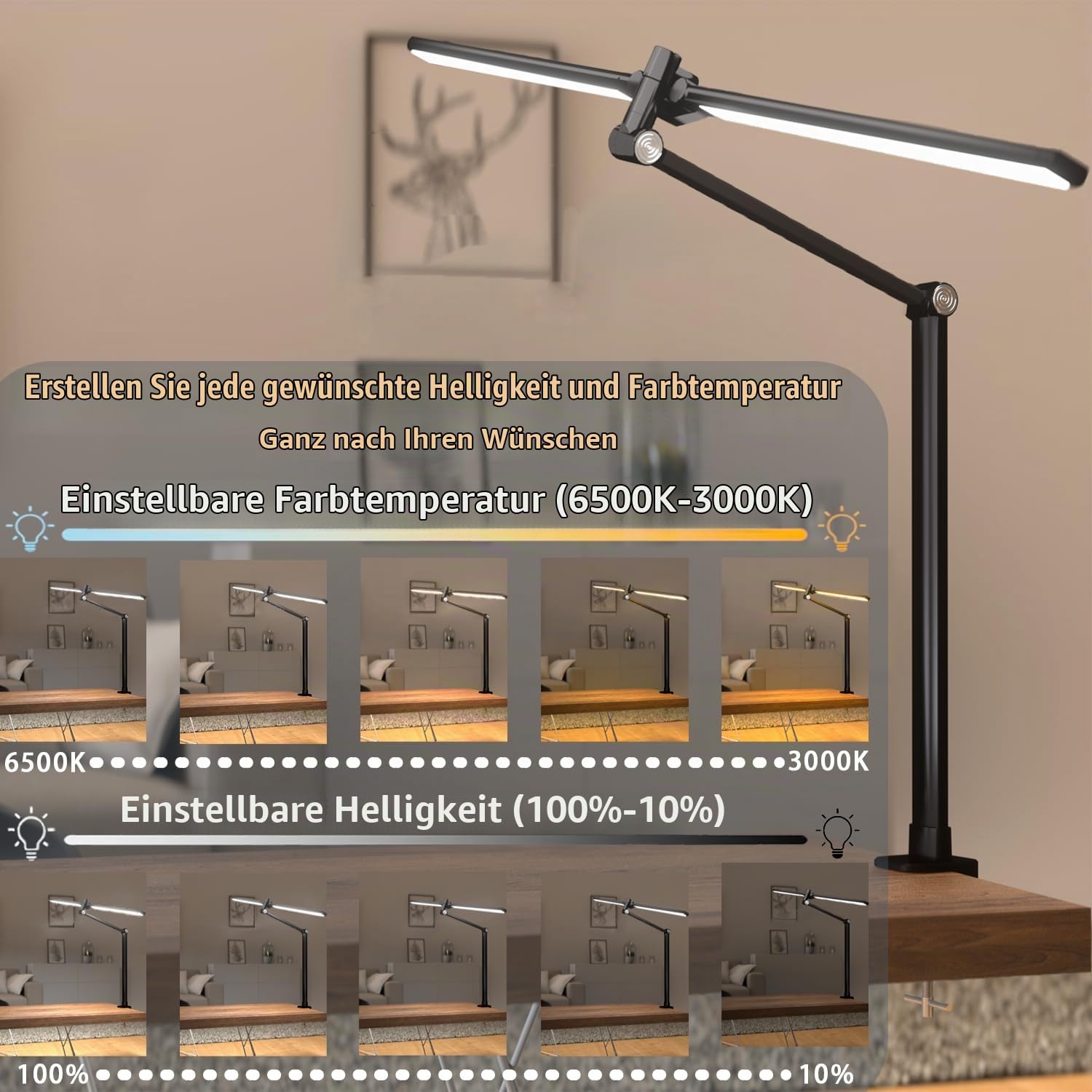 Hapfish Schreibtischlampe LED Dimmbar, 24W Doppelkopf Klemmbar Monitor Lampe, Höhenverstellbar, 5 Farbmodi und 5 Dimmstufen, Tageslichtlampe Schreibtisch Tischlampe für Büro Bildschirm Kinder