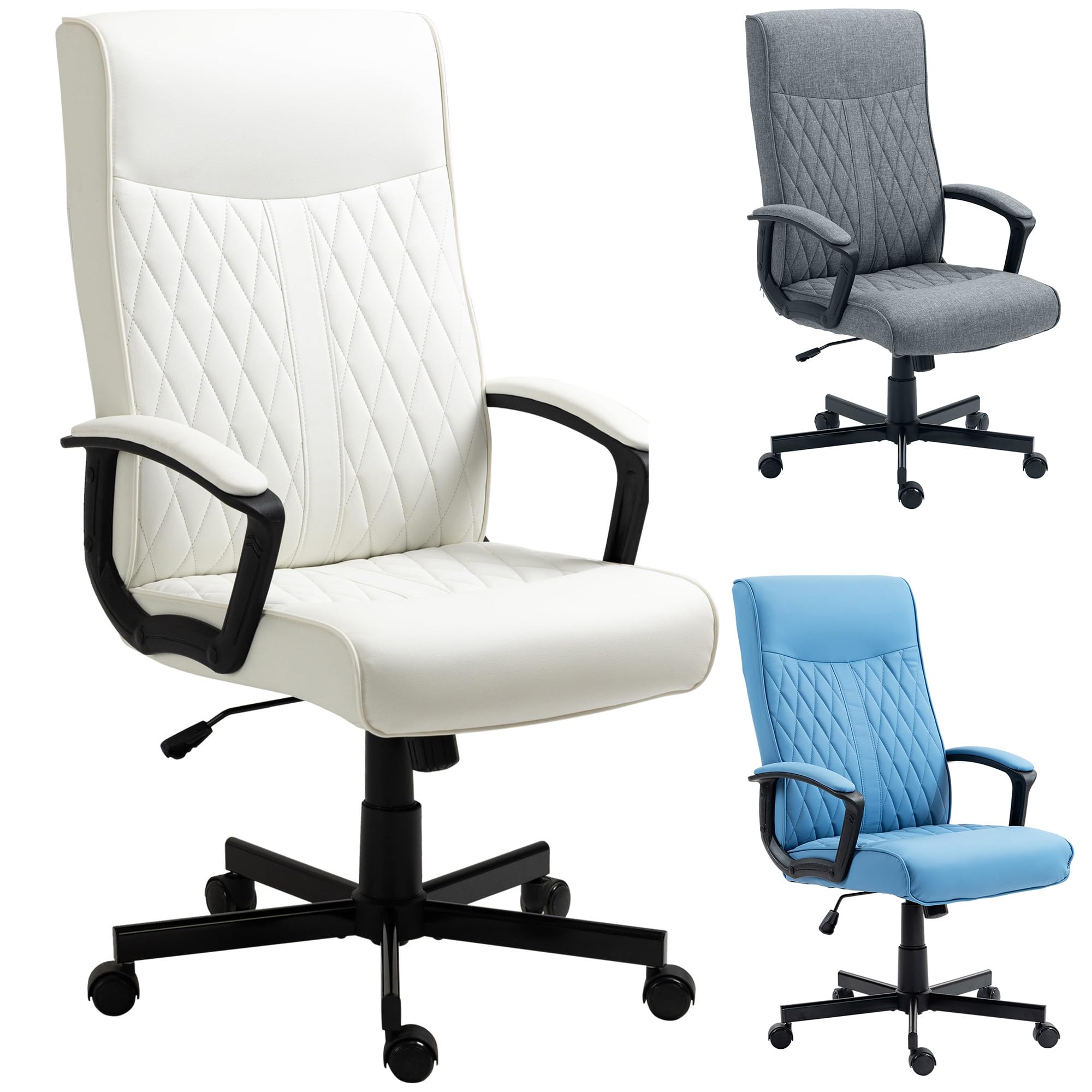 Vinsetto Silla de Oficina Giratoria Silla de Escritorio Basculante Tapizado en PU con Respaldo Alto y Altura Ajustable para Salón Oficina Carga 120 kg 65x72x102-112,5 cm Blanco Roto