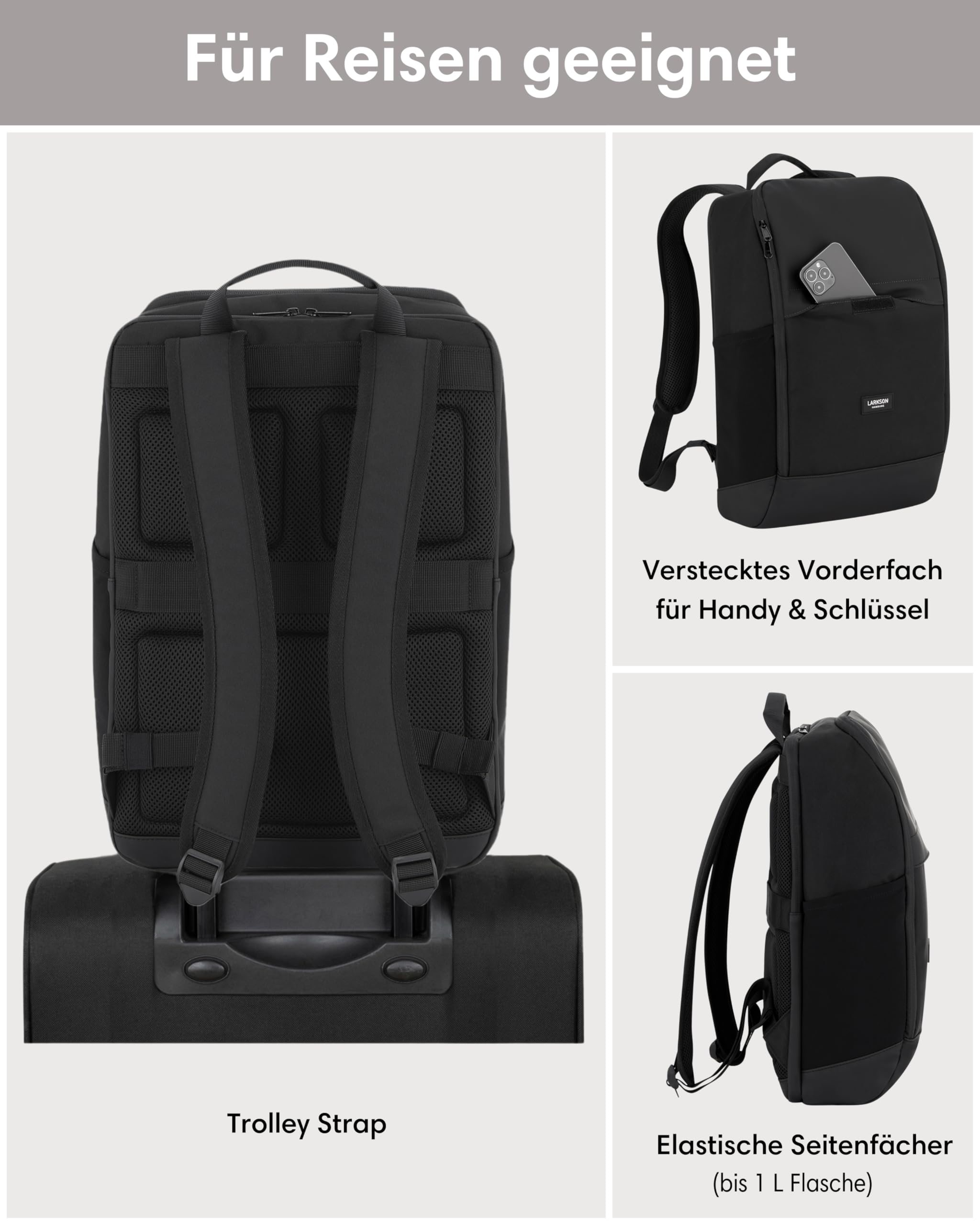 LARKSON Laptop Rucksack Herren & Damen Schwarz - Niklas - Notebook Backpack für Business Arbeit Uni - 16 Zoll Laptoprucksack für Reise Handgepäck - Wasserabweisend