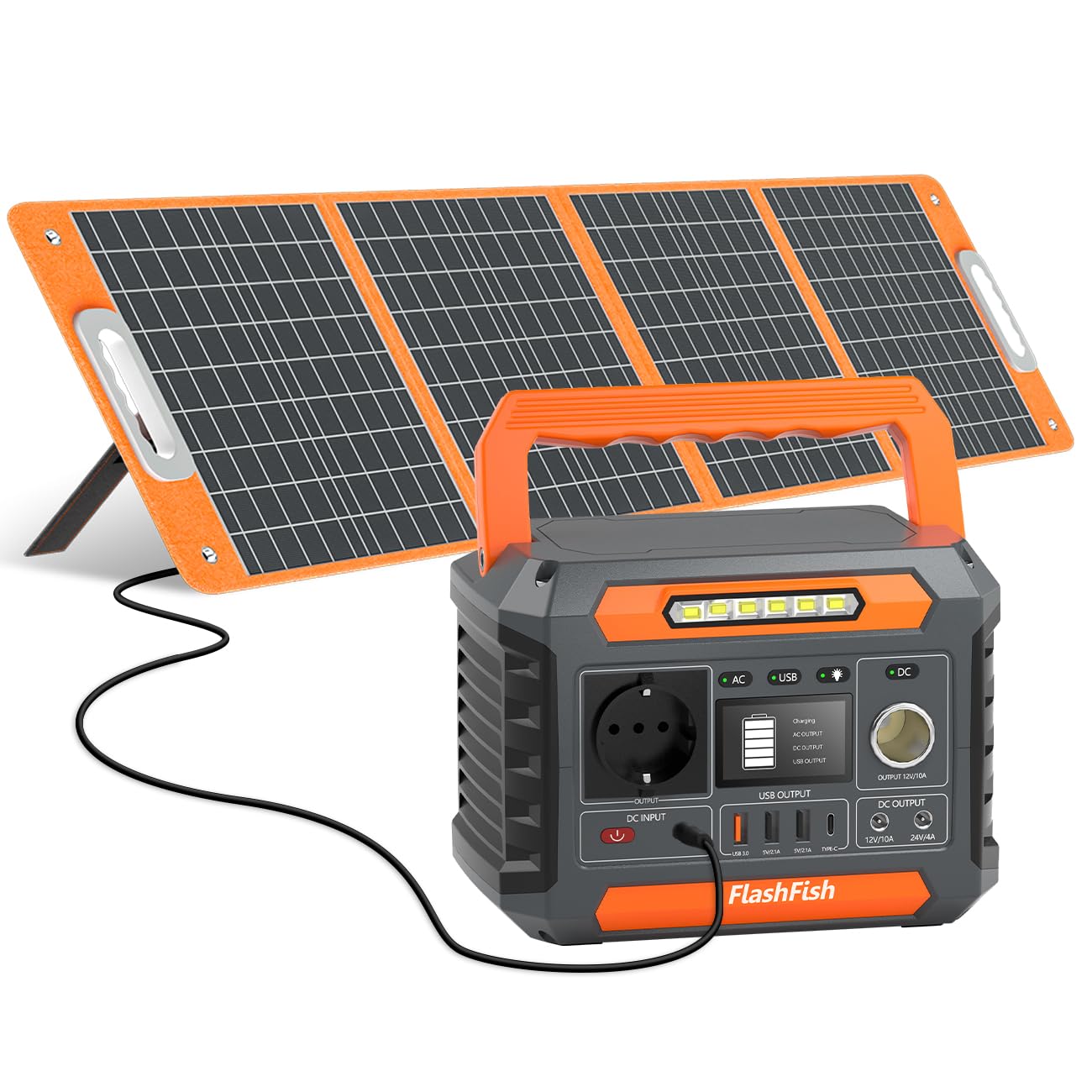 FlashFish - Stazione di alimentazione portatile da 144,3 Wh con pannello solare da 100 W, generatore solare da 200 W con 230 V AC/DC/USB/tipo C/LED, generatore di corrente per campeggio, viaggi