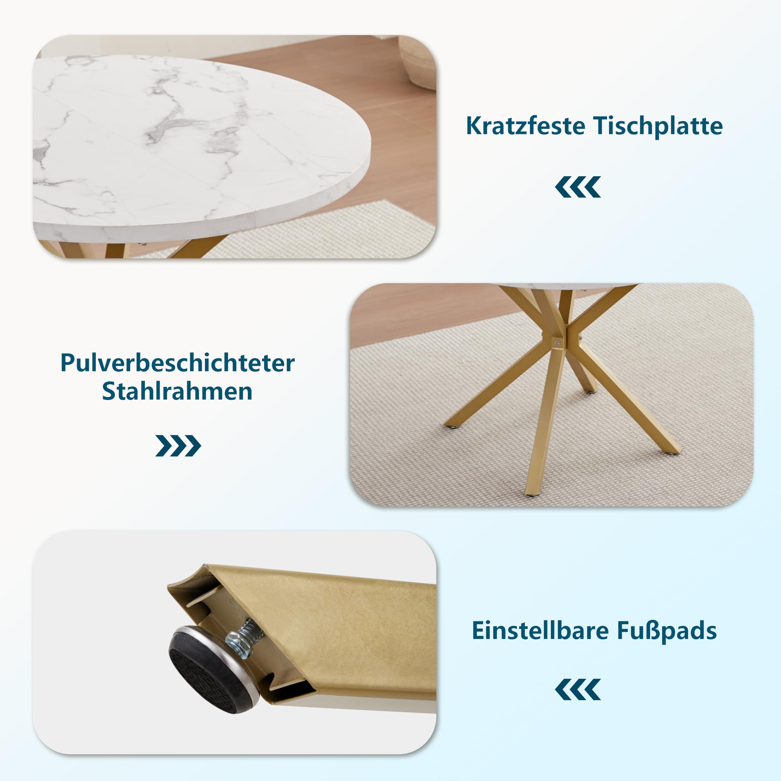 GrandCA HOME Set di Tavolo e Sedie da Pranzo, 100×100×76.5 CM Tavolo da Pranzo Rotondo, 4 Sedie da Cucina Imbottite, per Sala da Pranzo, Soggiorno, Cucina (Marmo-GD + Rosa)