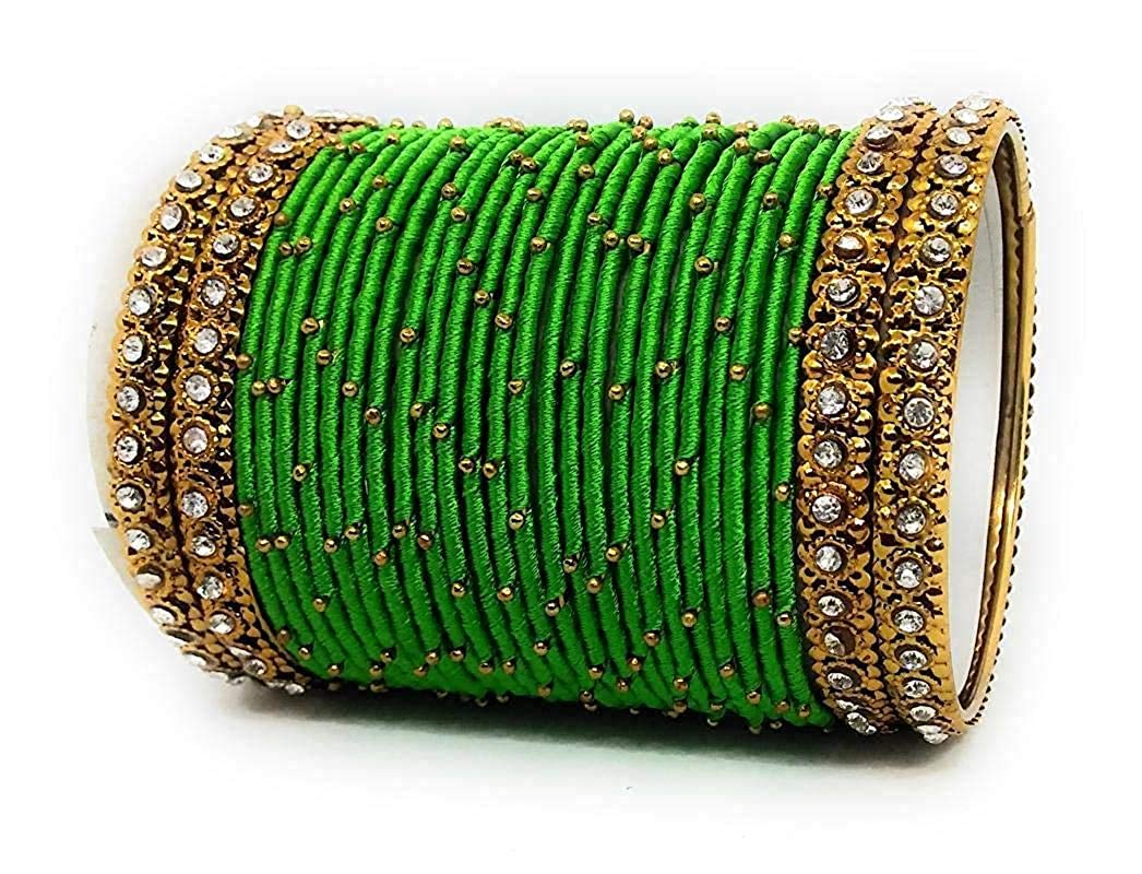 Oneness Handmade Silk Thread Metal Bangle Traditional Bridal Jwellery With Zircon Stone Work (Bridal Chuda/Wedding Chuda) For Women And Girls - (Set Of 28)_Green_2.6