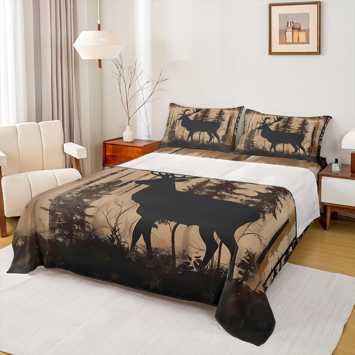 Homewish Juego de sábanas de ciervo para cama doble, ropa de cama de caza de ciervos del bosque, juego de sábanas de estilo rústico de granja, 4 piezas