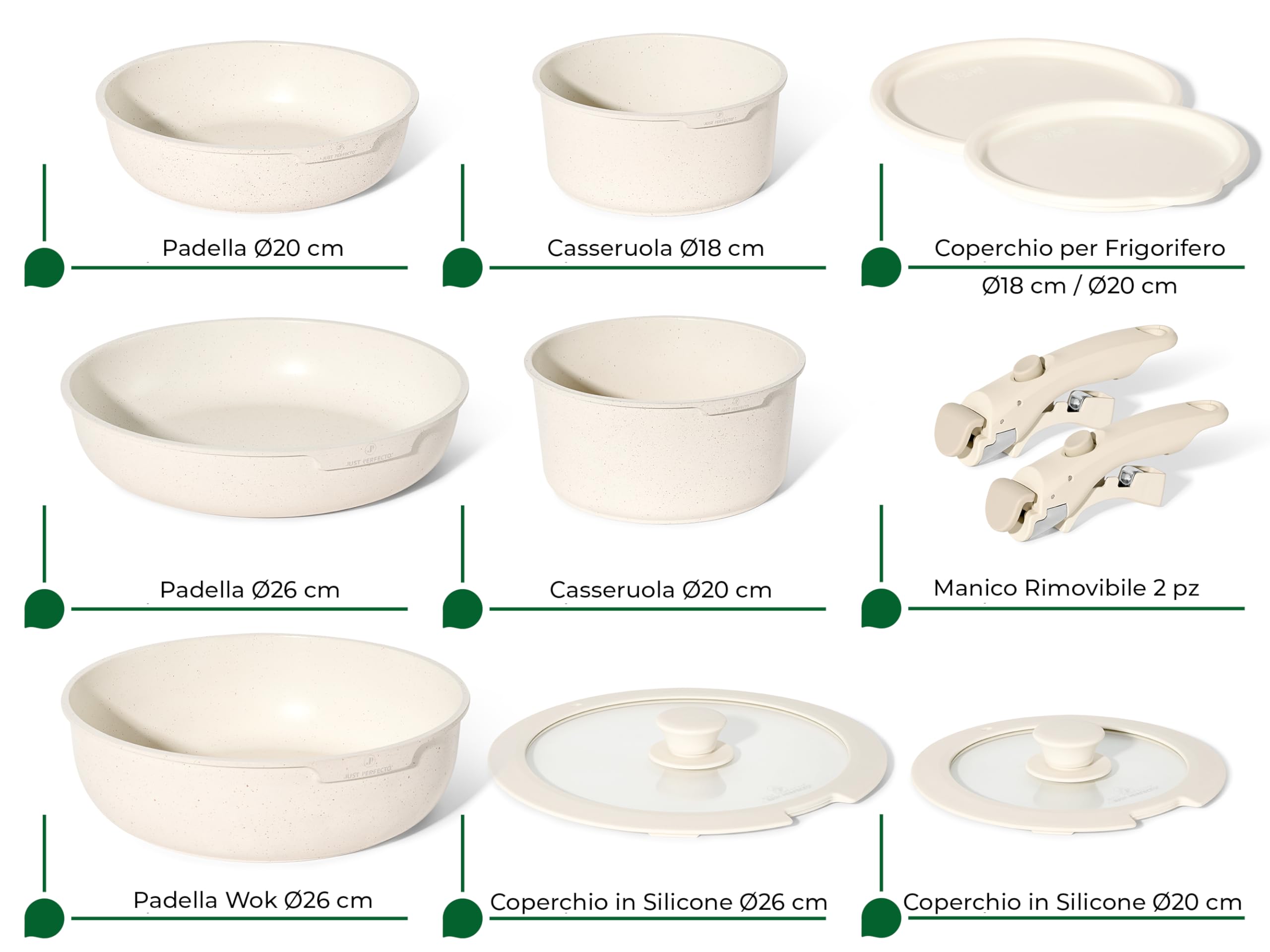 Just Perfecto Essential Batteria di Pentole 11 Pezzi, Manici Amovibili Padella con Casseruola Fonda, Padella, Tegame, Wok, Coperchi, Antiaderenti per Induzione,Lavastoviglie, Gas e Forno (Biege)