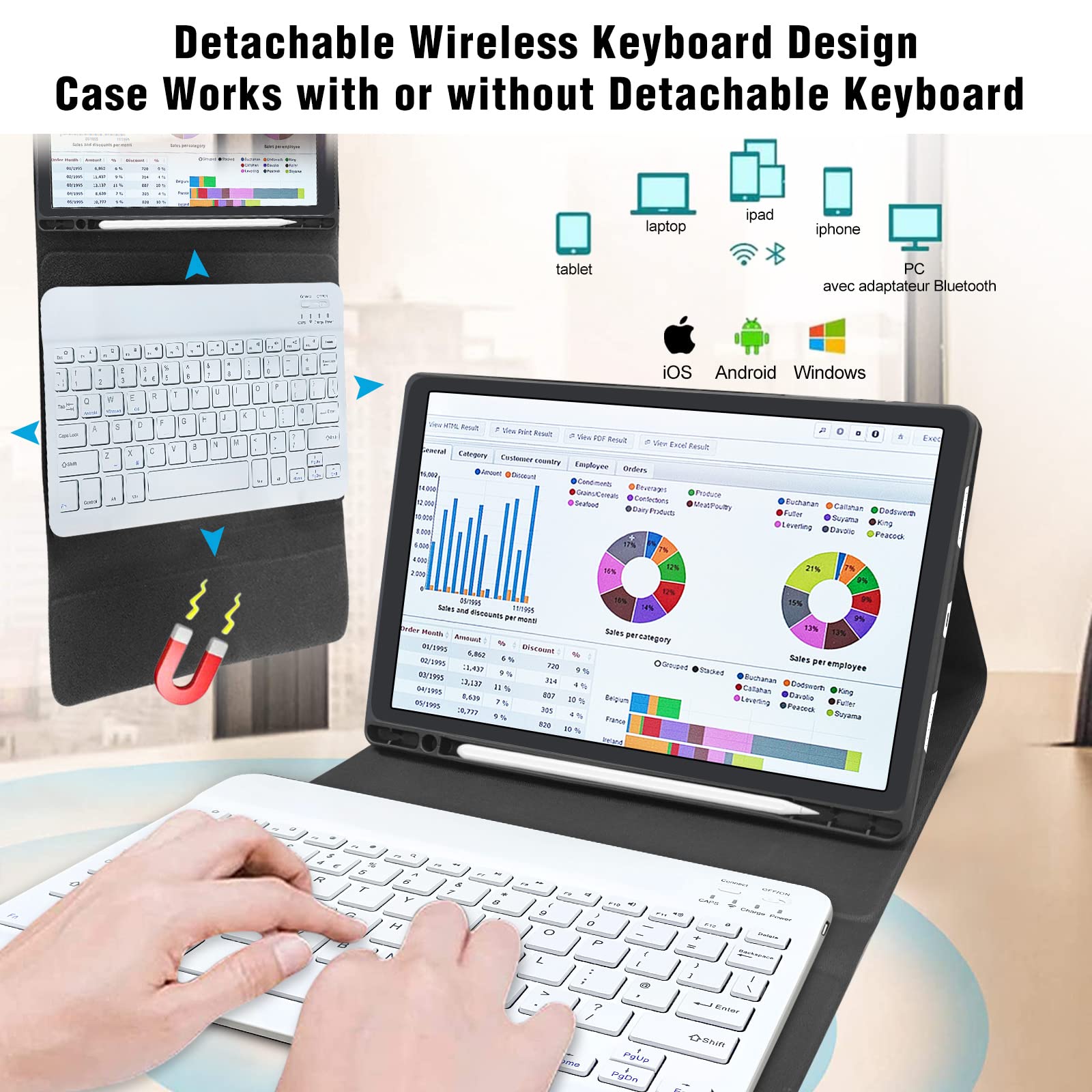 10,5 Inch Toetsenbordhoes voor Tab A8, Beschermhoes voor Tablet met Afneembaar Draadloos Toetsenbord, Ingebouwde 3 Sleuven en Ondersteuning voor Meerdere Graden Aanpassing(Touchpad