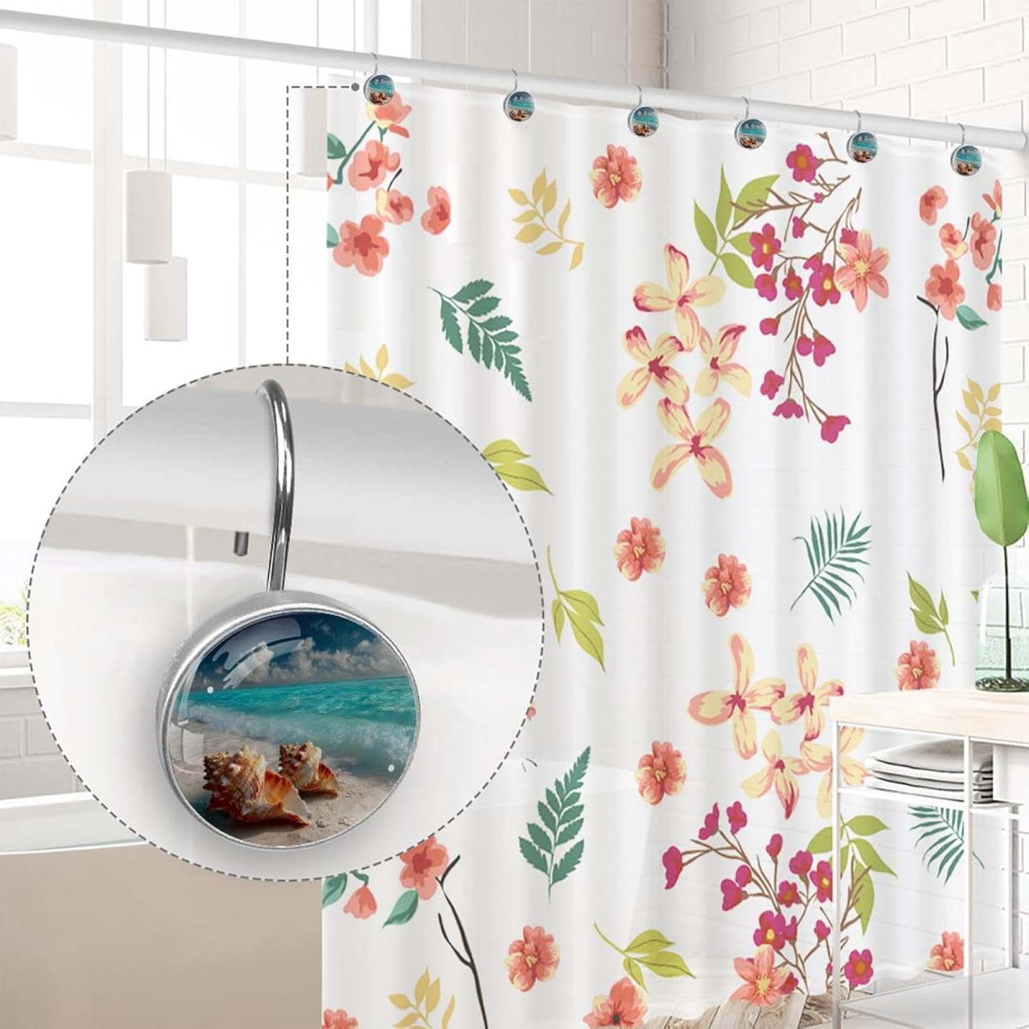 Conch Sea Shells Beach Sky (2) Shower Curtain Hooks, Rustproof Shower Curtain Rings for Bathroom, Stainless Steel Shower Hooks for Shower Curtain Rod, Decorative Shower Curtain Hangers Set of 12