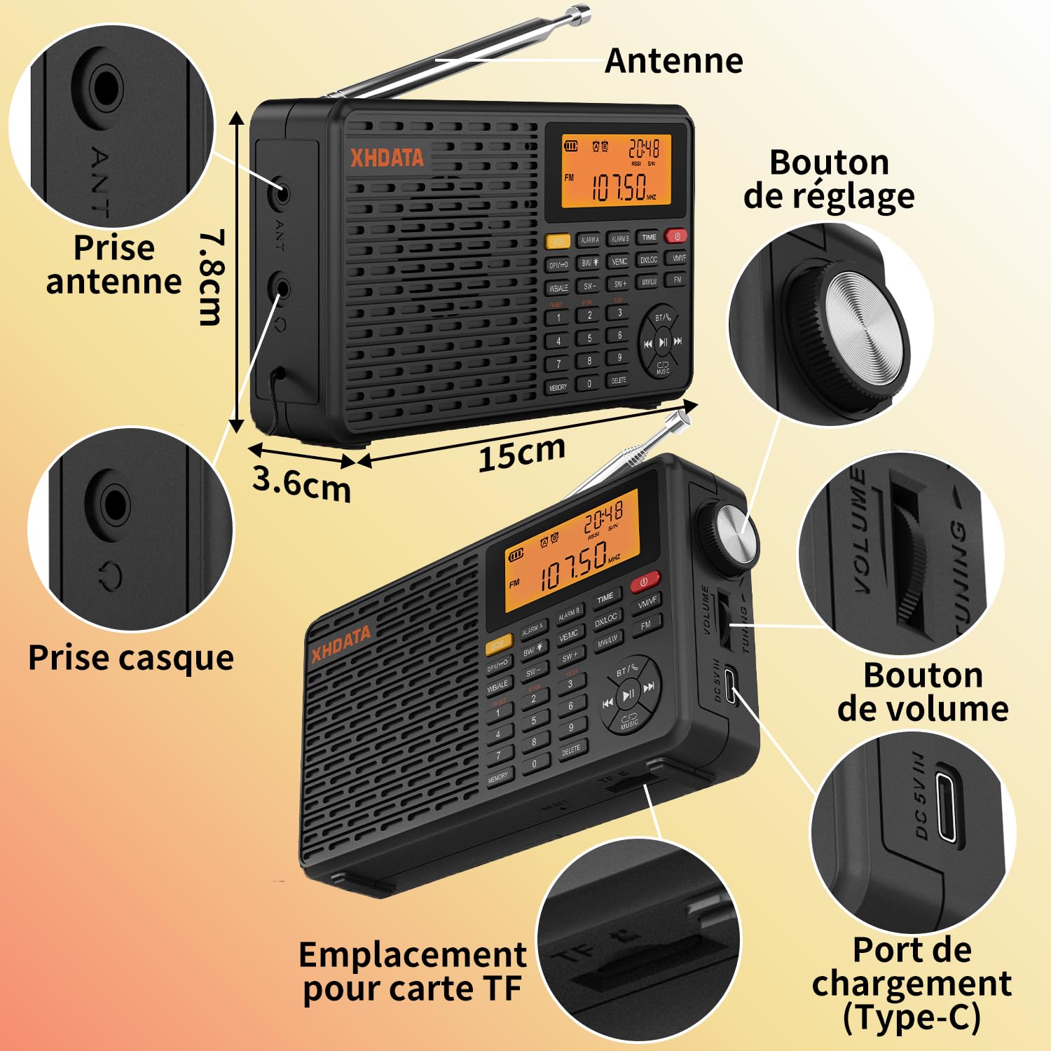 XHDATA D109WB Radio Transistor Portable Radio Piles et Secteur avec Alarme et Horloge Prise Casque Stéréo FM/AM/LW TF/Bluetooth Lecteur MP3 Excellente Réception