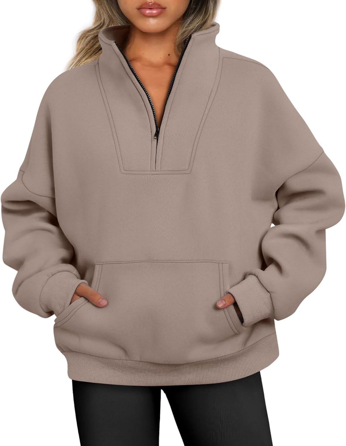 Jhsnjnr Damestrui met halve rits, met fleece gevoerd, herfst, ritssluiting, opstaande kraag, oversized sweatshirt zonder capuchon, Lotus Pink, L