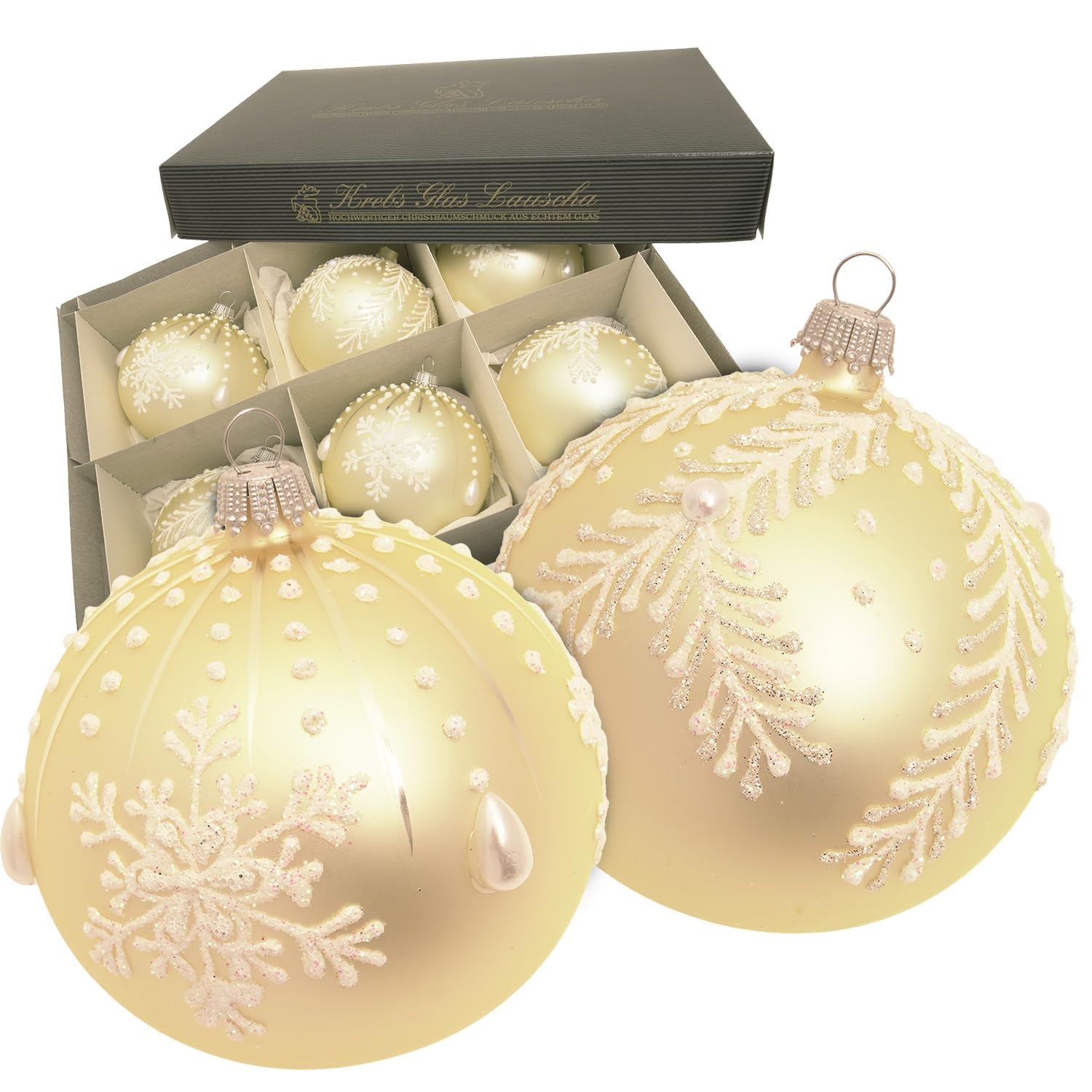 Krebs Glas Lauscha - Weihnachtsdekoration/Christbaumschmuck aus Glas - Kugel Floral & Schneeflocke - Farbe: Champagne Satin - Menge: 6 Stück - Größe: ca. 8 cm