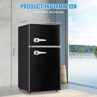 3.5 Cu.Ft Retro Mini Fridge with Handle Compact Refrigerator Black | Dual Door Refrigerator with Freezer 7 Gears Temperature Control Ideal for Bedroom Dorm Office