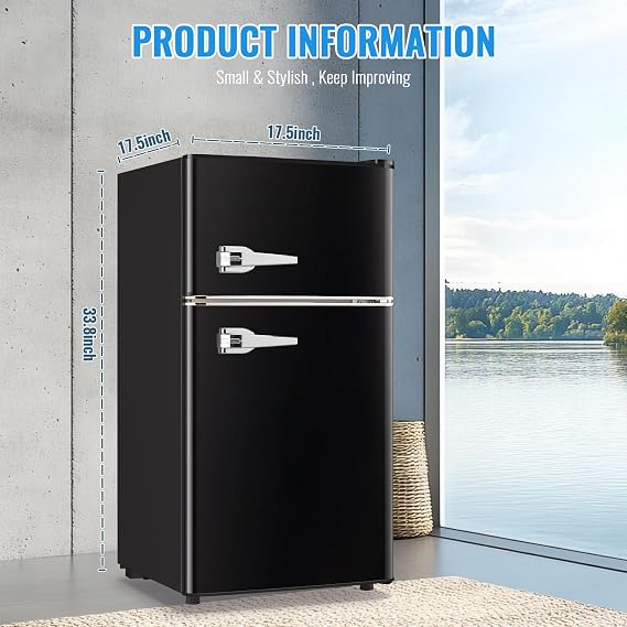 3.5 Cu.Ft Retro Mini Fridge with Handle Compact Refrigerator Black | Dual Door Refrigerator with Freezer 7 Gears Temperature Control Ideal for Bedroom Dorm Office