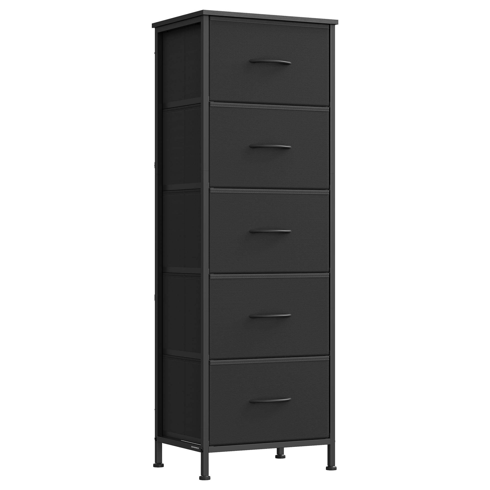 SONGMICS BELLAH Colección - Cómoda, 5 Cajones de Tela, Acero, MDF, Tela no Tejida, para Dormitorio, Armario, Pasillo, Salón, Negro Tinta y Negro Ébano LGS315BH03
