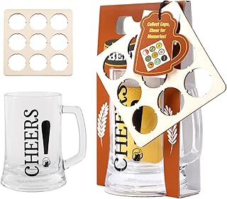 Beer Mug with Handle & Bottle Cap Collector Set - Beer Stein, Beer Glasses, Bottle Cap Catcher for Game Day, Tailgates & Soccer Parties, Ideal for Craft Beer Lovers