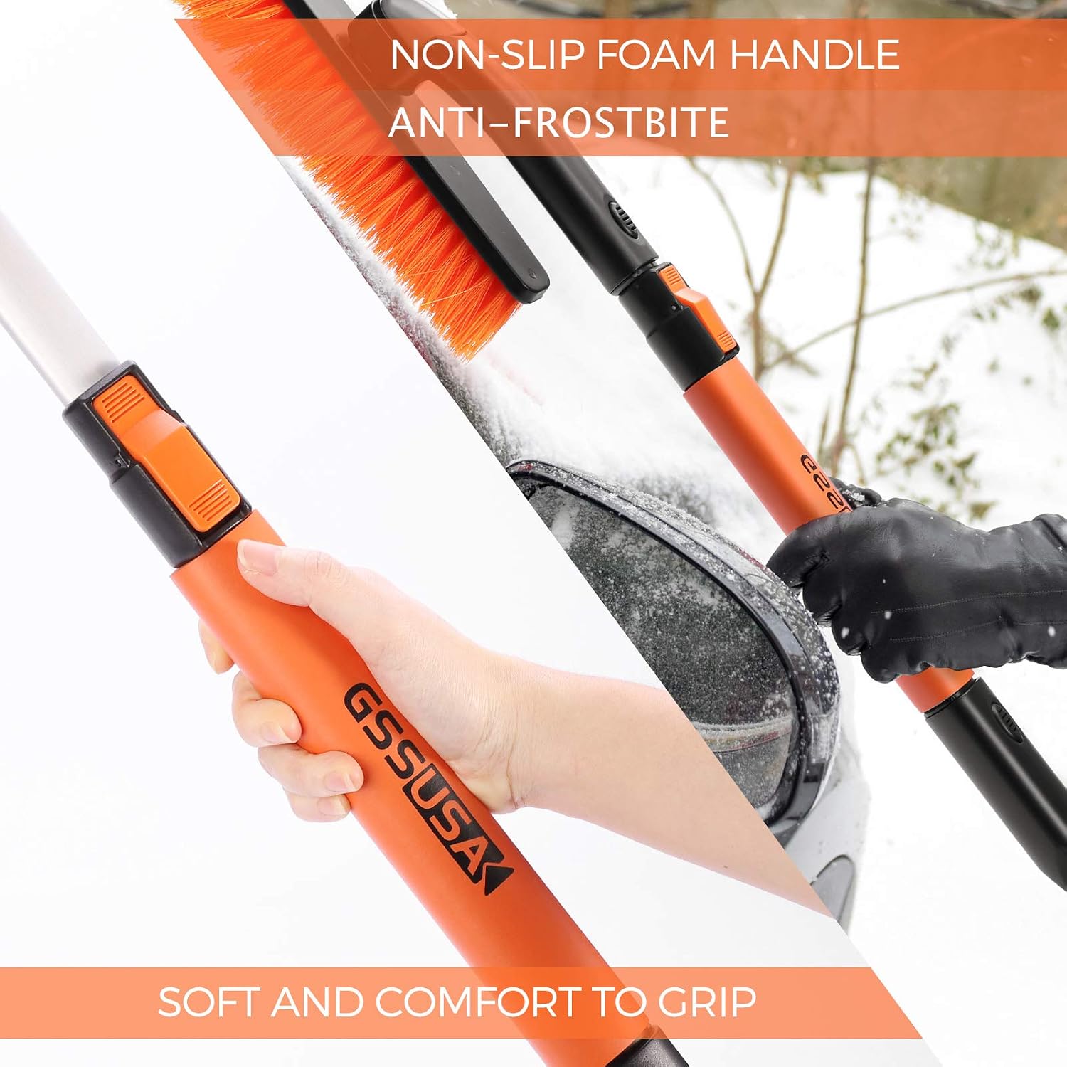 RUN STAR Snow Brush and Ice Scraper Foam Grip, Extendable and Detachable Snow Mover for Car Windshield, Auto Snow Brush Ice Removal with Soft Bristle Brush Head and Durable Aluminum Handle 38''
