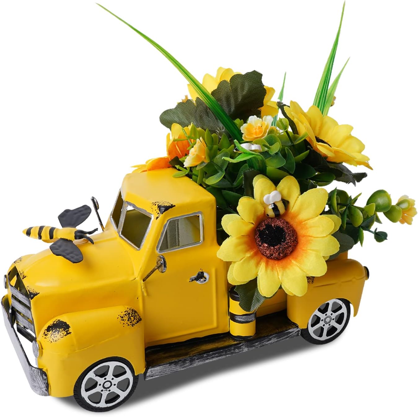 Metal Truck Decor with Sunflowers,Honey bee Decor,Fall Table Decor for Home Farmhouse,Vintage Pickup for Living Room Shelf Kitchen Table Centerpieces,Yellow