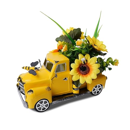 Metal Truck Decor with Sunflowers, Honey Bee, Fall Table Decor