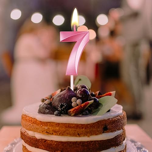 Miniatura 2 de Velas de pastel de cumpleaños número 7, vela de cumpleaños con número en forma 3D, decoración de tarta de 7 cumpleaños (rosa)