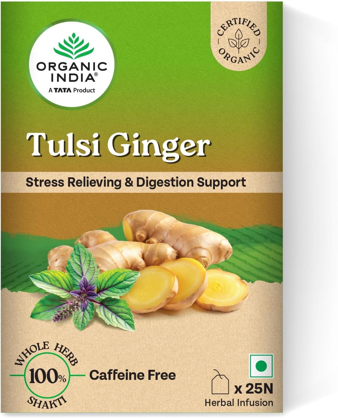 - A TATA Product - Organic India Tulsi Ginger - 25 Tea Bags, Rich in Antioxidants, Supports Digestion, Stress Relieving, Helps Boost Metabolism, Caffeine-Free, Whole Herbs Certified Organic