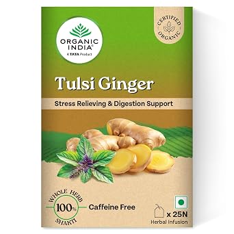 A TATA Product - Organic India Tulsi Ginger - 25 Tea Bags, Rich in Antioxidants, Supports Digestion, Stress Relieving, Helps Boost Metabolism, Caffeine-Free, Whole Herbs Certified Organic