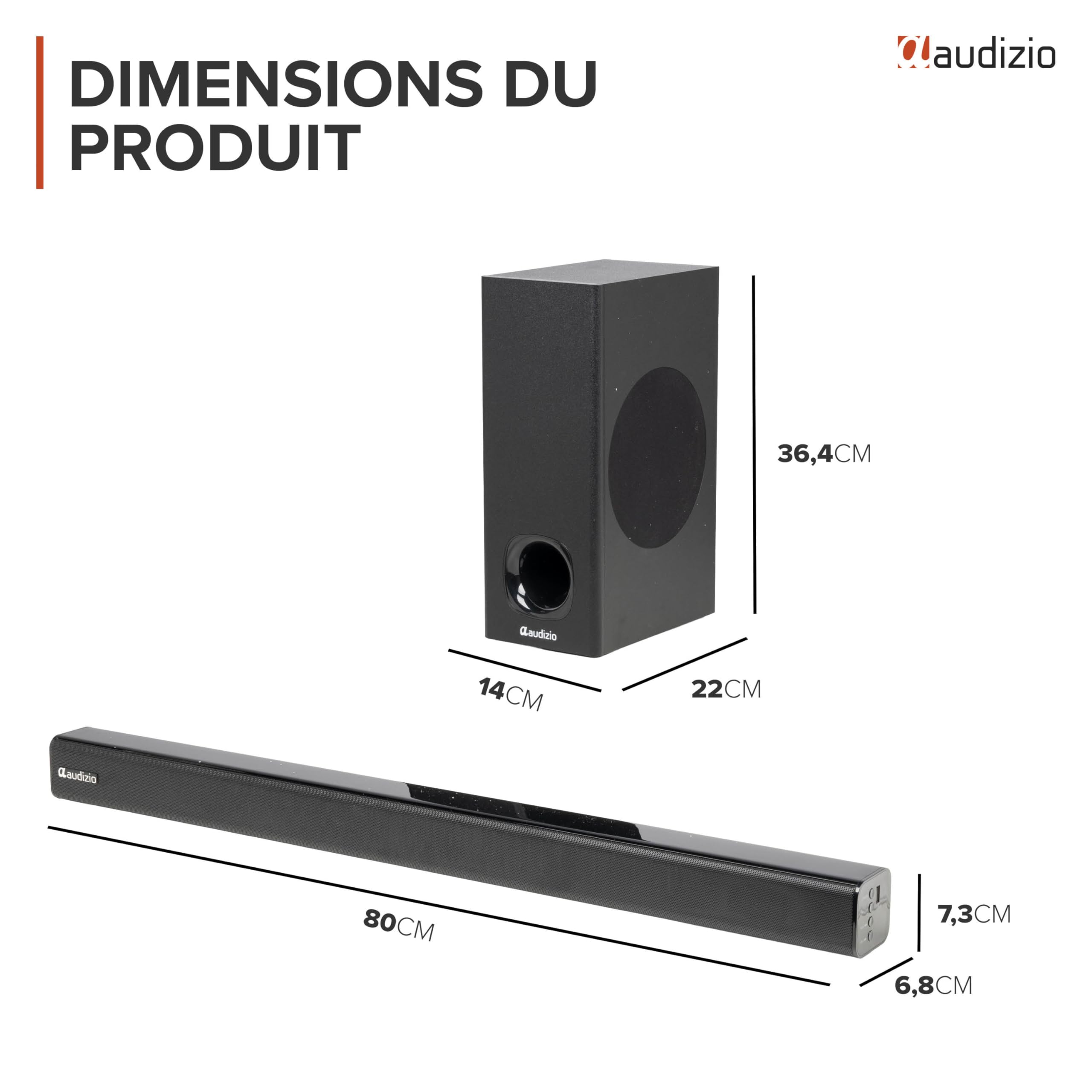 Audizio SB82S Barre De Son avec Caisson de Basse Filaire Bluetooth 5.3 HDMI Arc 120W, Soundbar 2.1 80 cm Optique, USB, AUX, Son TV Plus Puissant avec des Basses Profondes, Films, Musique et Jeux