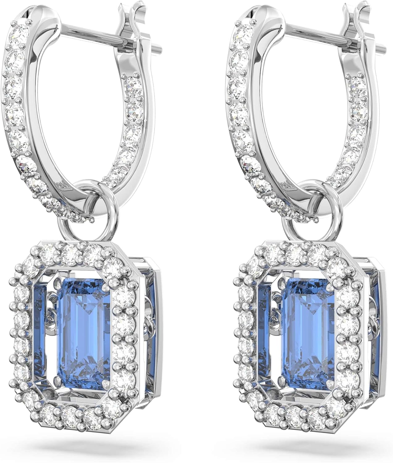 Swarovski Una Earrings, Octagon cut Swarovski Zirconia, Blue, Rhodium Finish