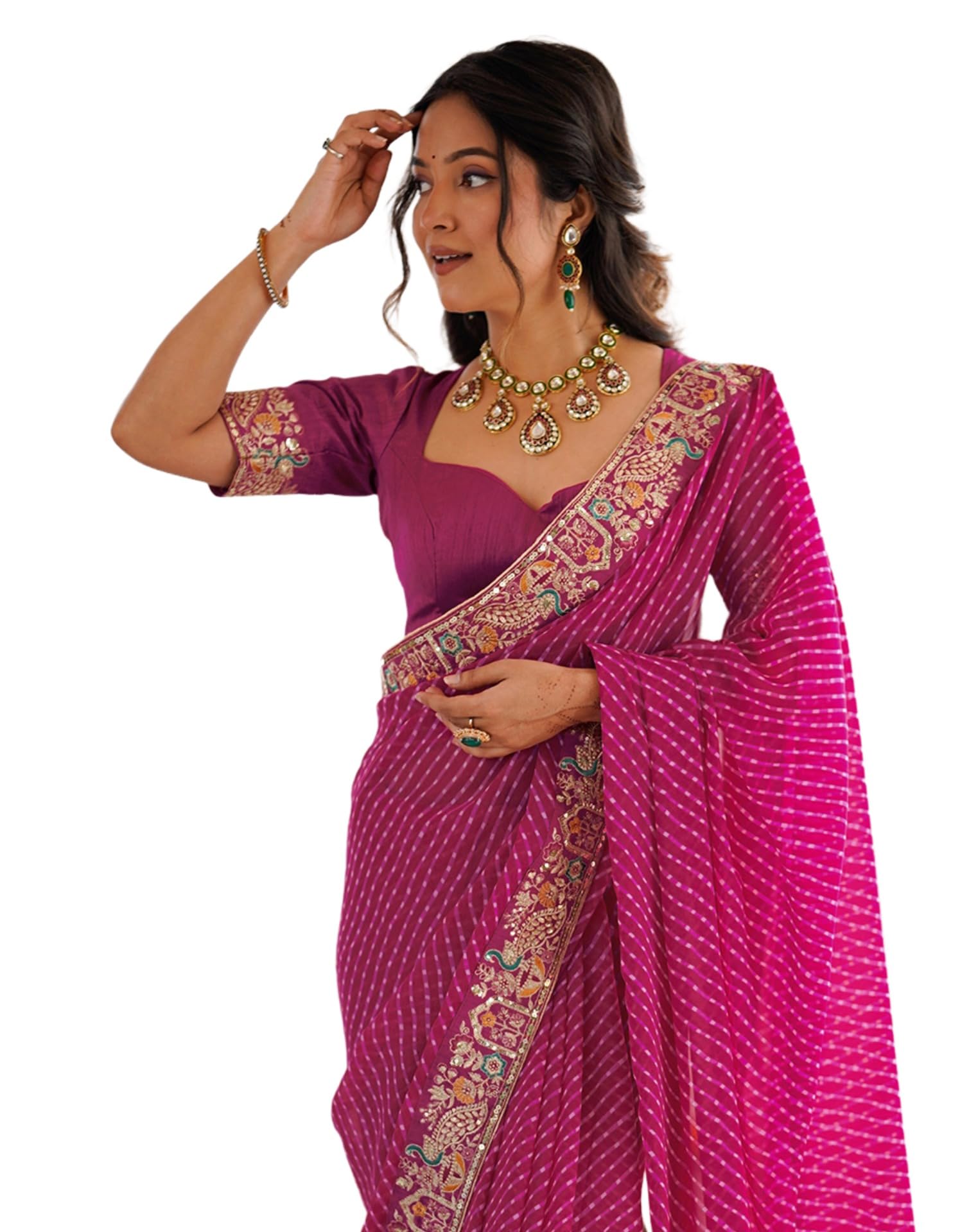 Women's Georgette Leheriya Printed Sequence Embroidery Lace Saree With Embroidery Unstitched Blouse Piece-image-42