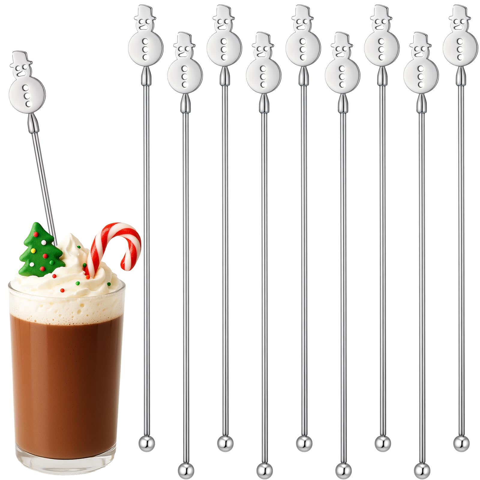 View 1 of 10 Pcs Winter Snowman Drink Stirrers Stainless Steel Christmas Coffee Stirrers Metal Reusable Swizzle Sticks Snowman Cocktail Stir Stick Chocolate Hot Cocoa Supplies for Winter Party Decor