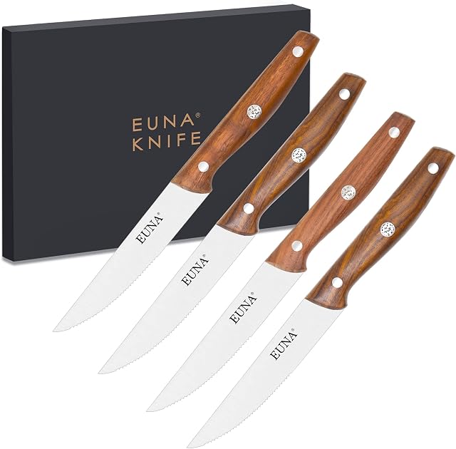 EUNA Steak Knives Set of 4 -Razor Sharp, Steak Serrated Dinner Knives, Steak Knife Set with Gift Box, Ash Wood Ergonomic Handle, Non-Stick Coating, Easy to Wash & Scratch-Resistant