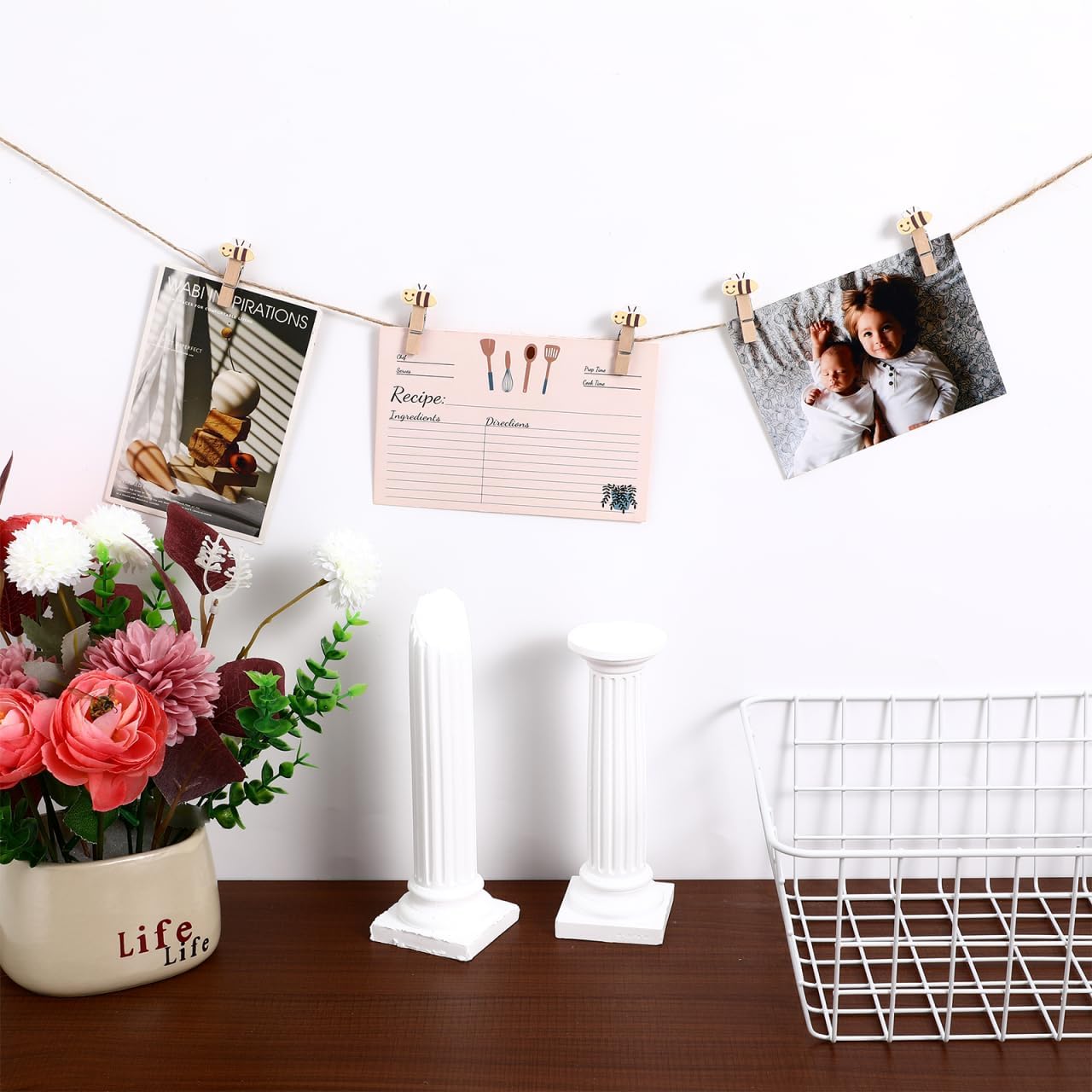 Amosfun 50Pcs Mini Wooden Clothespins 1.57 Inch Small Wood Clips with Jute Twine for Hanging Photos Tags Crafts and Home D Cor