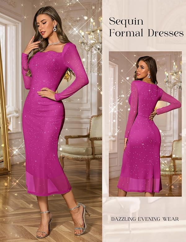 DRESSTELLS Women's Cocktail Party Dresses Sequin Formal Sparkly Wedding Guest Mesh Maxi Evening Gown Fuchsia S by DRESSTELLS - Used condition - Image 3