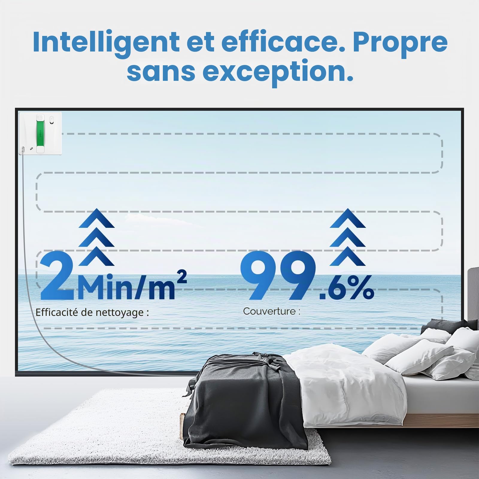 Fmart Robot nettoyeur de fenêtres W8 avec fonction pulvérisation, puissance d'aspiration 8000 Pa et technologie de détection des bords, robot de nettoyage automatique pour vitres avec 4 modes de