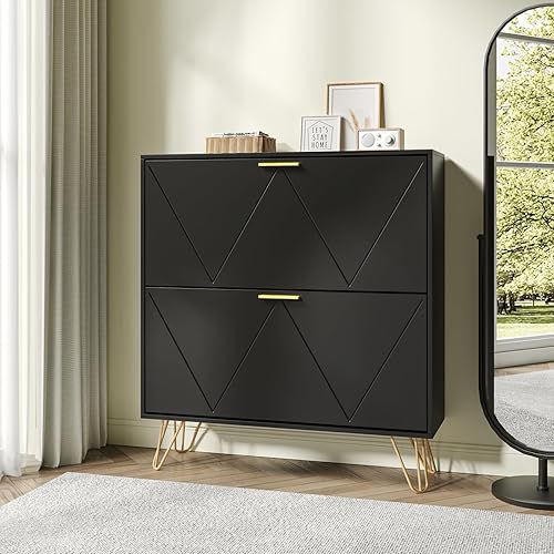 Vista 47 de JOZZBY Zapatero de almacenamiento para entrada, organizador de zapatos delgado y estrecho independiente con 2 cajones abatibles, zapatero de madera