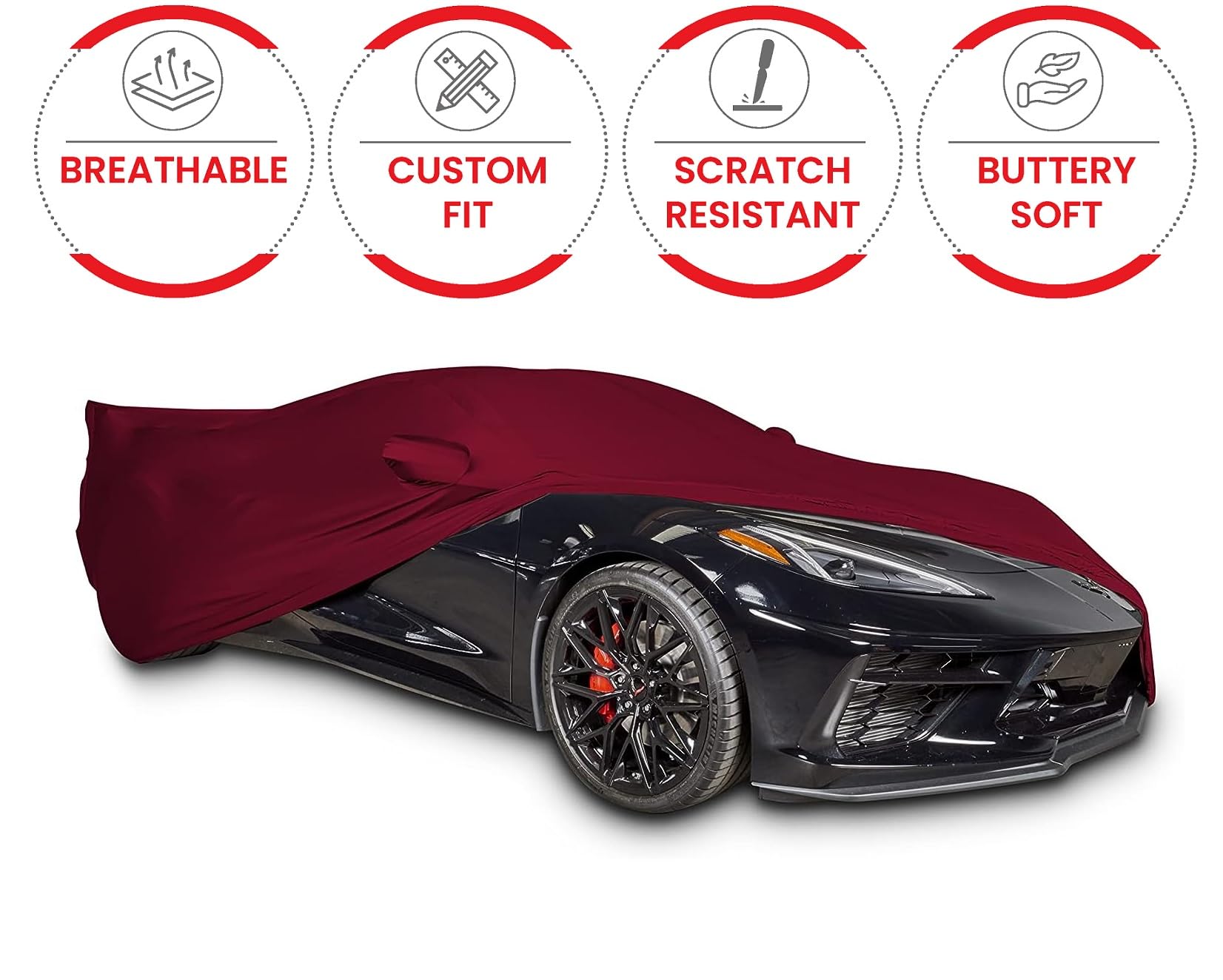 C8 Corvette Custom Fit Car Cover - Indoor Ultraguard Stretch Satin - The Ultimate High End Fit for 2020-2025 Stingray, Z06, Z51, E-Ray Corvettes (Dark Red)