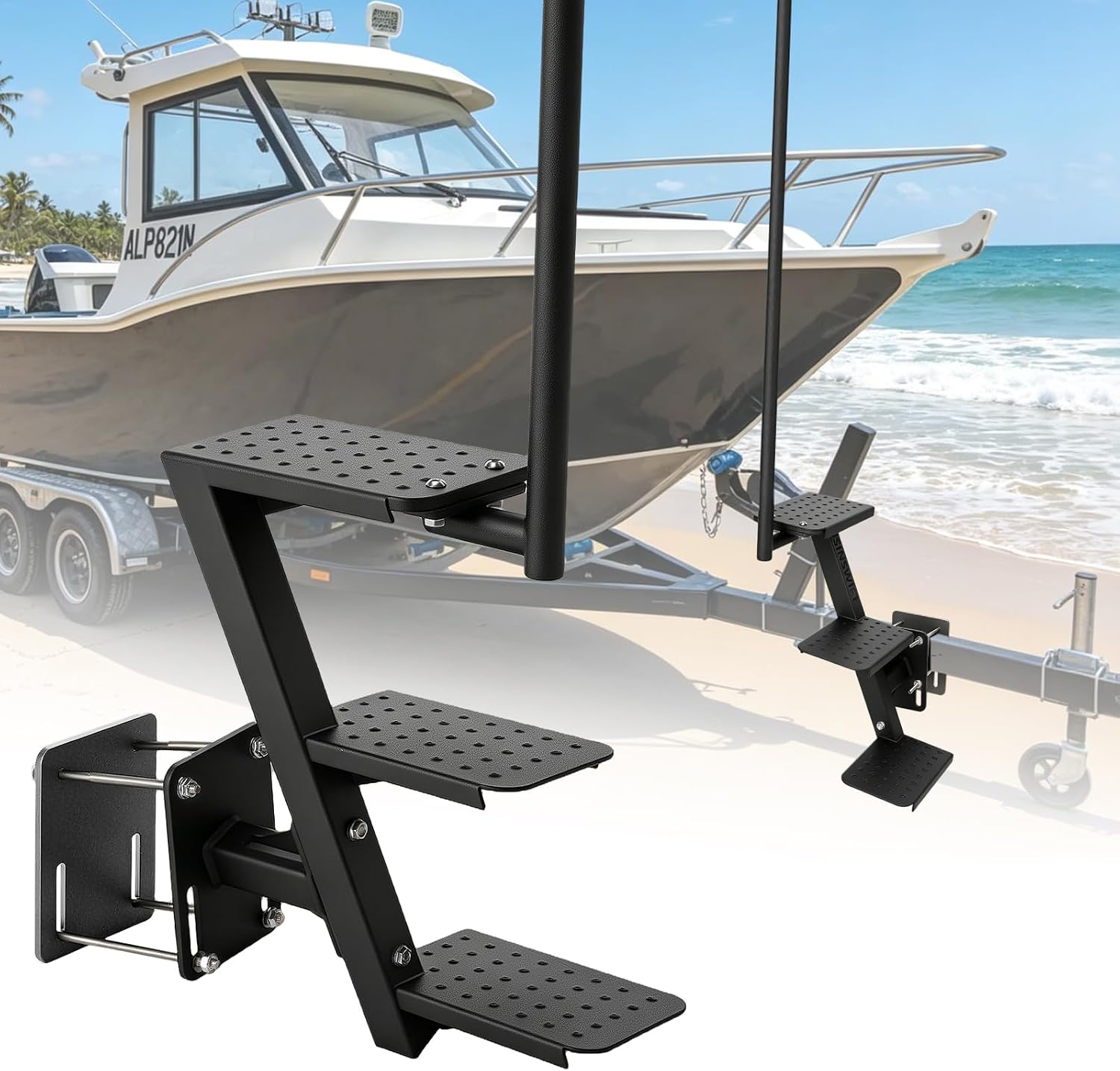 3-Step Boat Trailer Steps with Safety Handle, Heavy Duty Non-Slip Boat Trailer Ladder, Universal Trailer Tongue Boarding Step for Bass Boat, Pontoon & Utility Trailers, Bolt-On Installation
