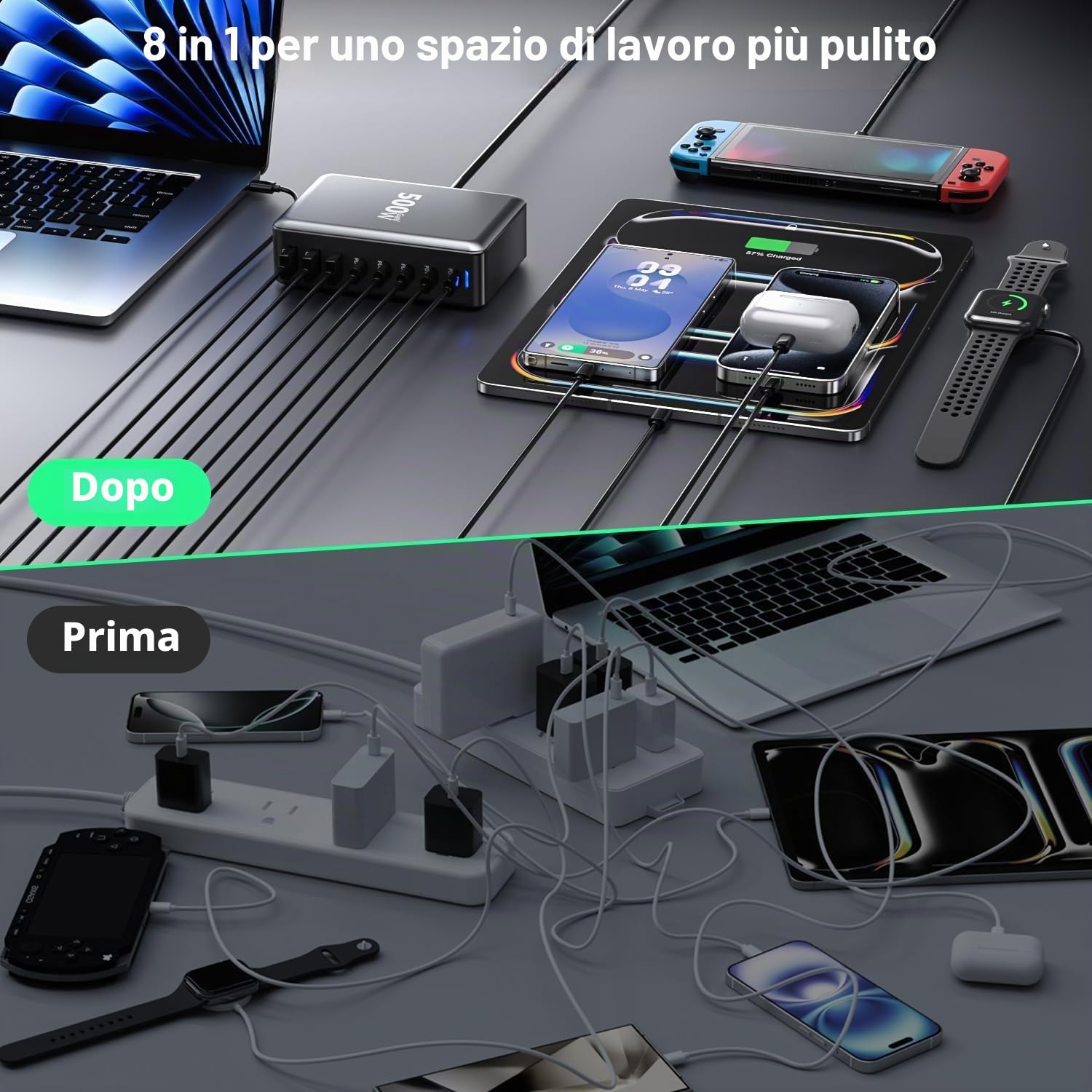 Caricabatterie USB C 500W, Caricatore Rapido 8 in 1 a Spine Multiple【2PD100W+4-PD65W+2QC3.0USBA】, Stazione di Ricarica Alimentatore GaN III PPS, Compatibile con MacBook Pro/Air/iPad/iPhone/Samsung