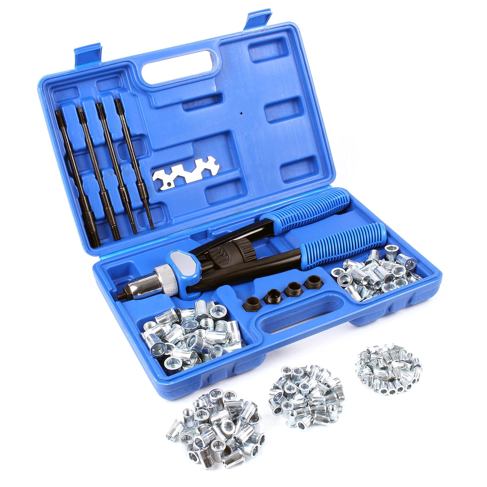 Wiltec Remachadora de tuercas, 5 boquillas y 150 tuercas de remache, 30 piezas de M5/M6/M8/M10/M12