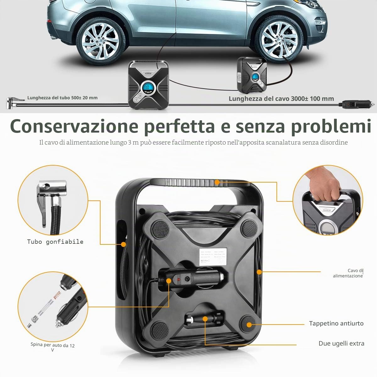 WindGallop Compressore Aria Portatile Auto Mini Compressore Portatile a Gonfiatore Elettrico Portatile Pompa Aria con Manometro per Pneumatici Luce a LED e Adattatori per Valvole