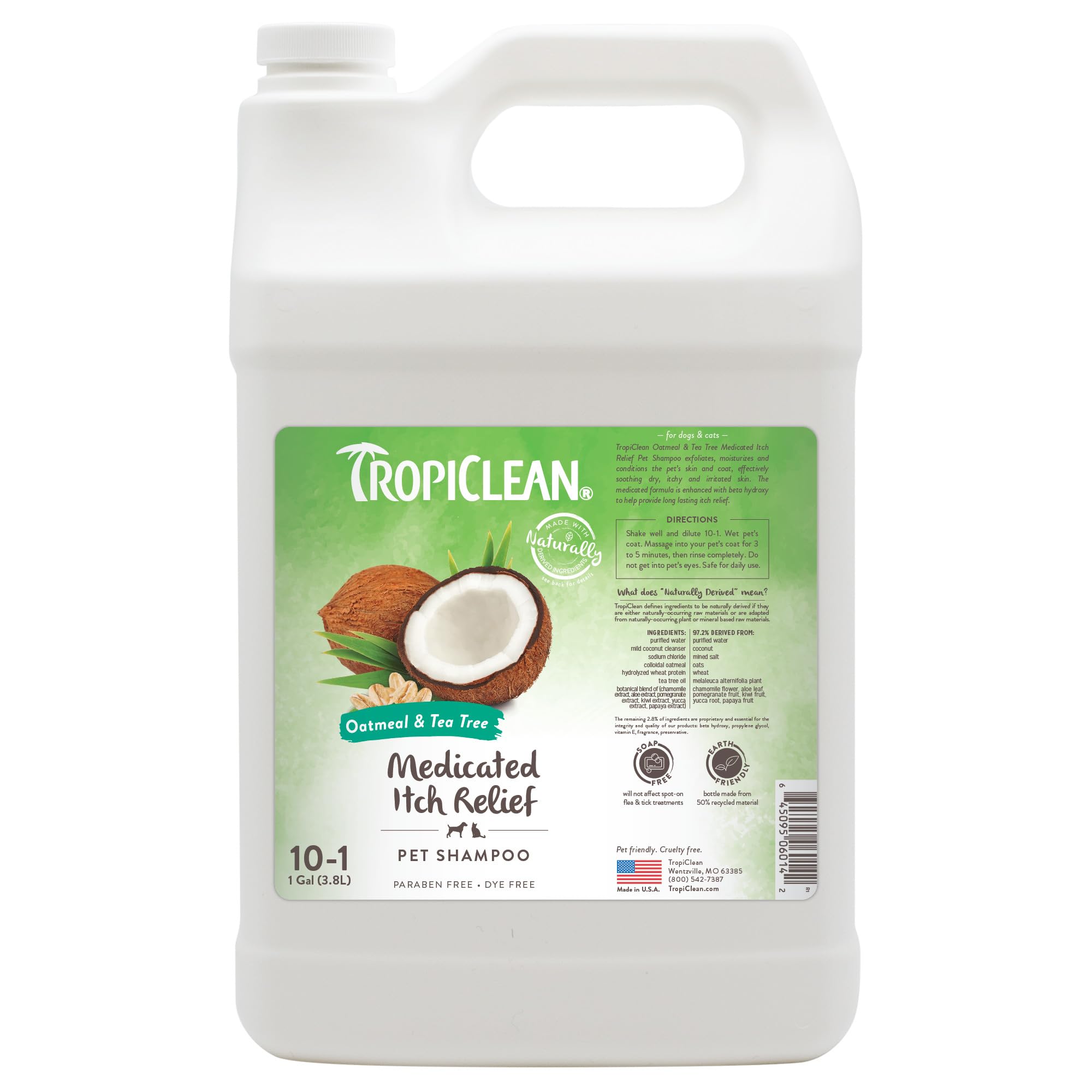 TropiClean Oatmeal Dog Shampoo for Itchy Skin Relief, Professional Dog Shampoo, Soothing Medicated Itch Relief, Puppy Safe, Made in USA, 1 Gallon