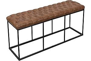 Button Tufted Bench with Faux Leather Upholstery and Sturdy Metal Base