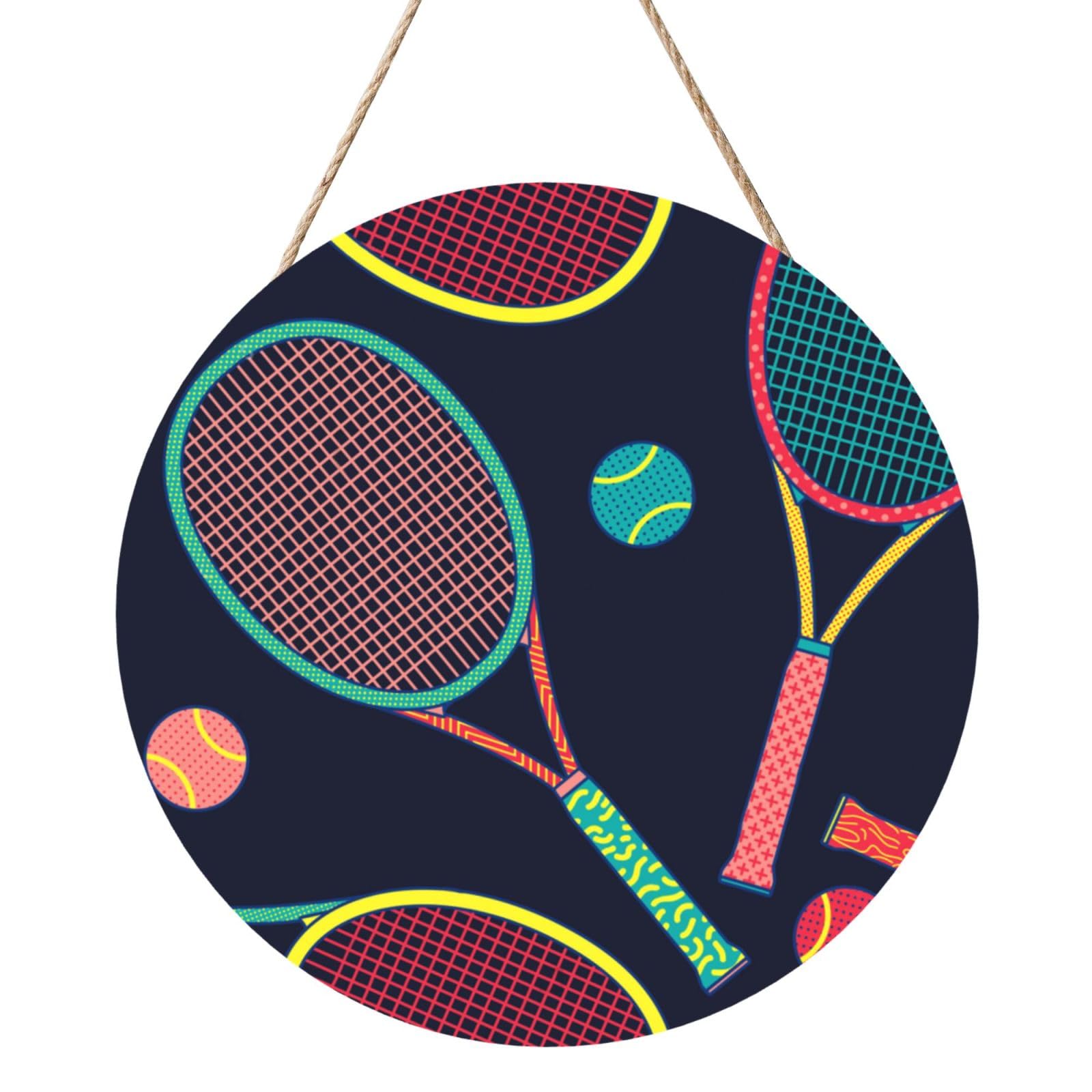 InOmak Colorful Racket And Tennis Ball, Round Wood Panel Painting 12 in, Wall Hanging Painting For Home