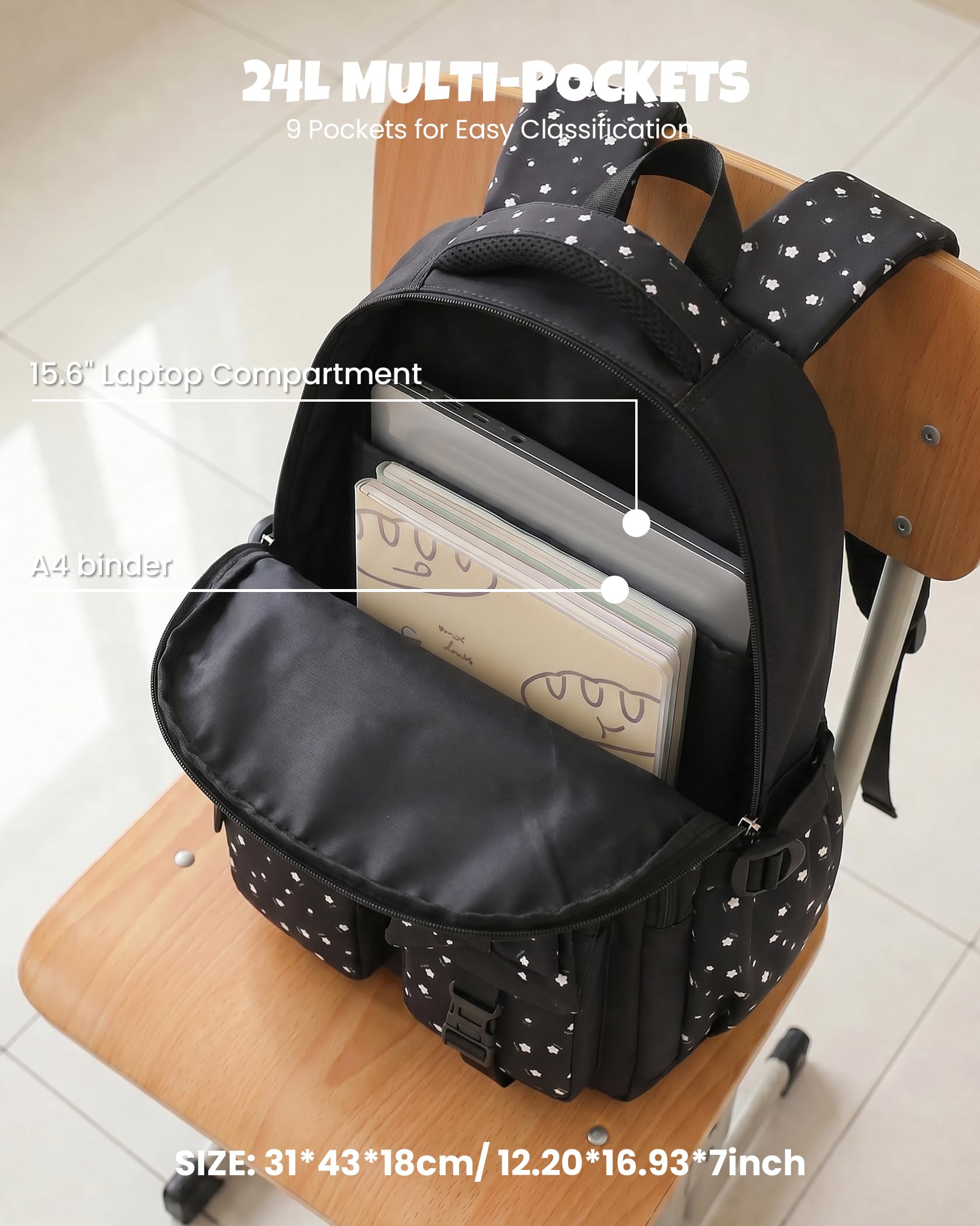 Amythe Cartable École Ados Filles 6 à 15 ans Imperméable Noir | Lycée Collège Grand Imperméable Junior Noir Daypack Multi-Poches Spacieux Robuste pour École Voyage Randonnée Loisir