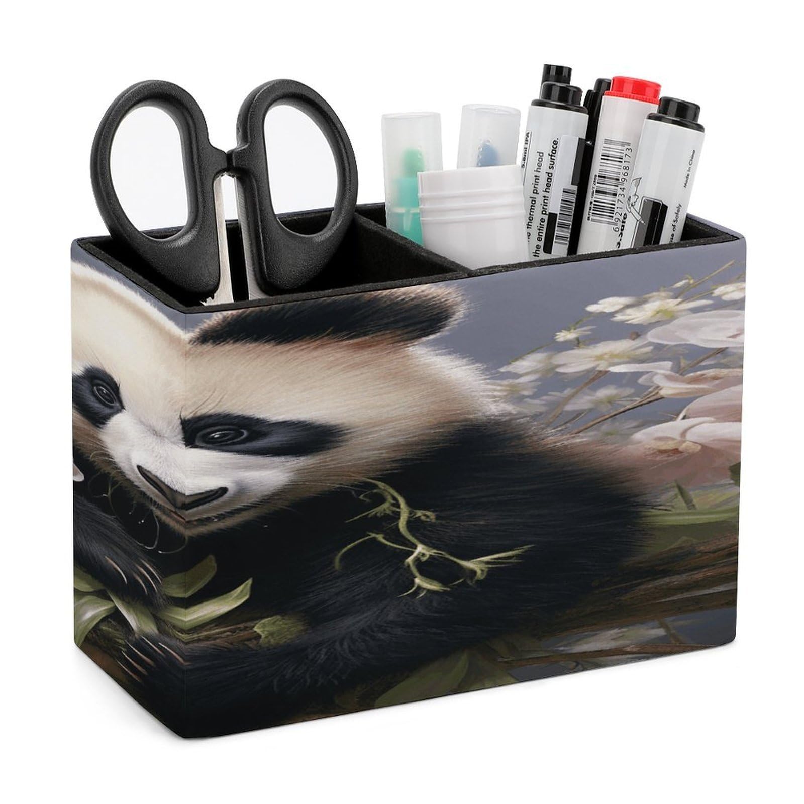 VstaDank Panda with Flower Pen Holder Double Compartments Pen Cup Fashion Makeup Brush Holders Leather Pencil Holder for Work Locker Accessories Modern Pencil Cup for Desk Organizer