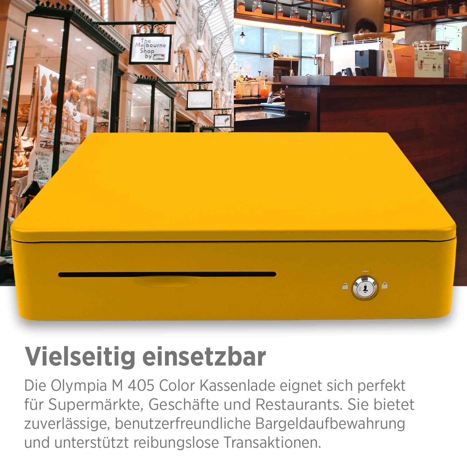 Olympia M 405 amarillo | Cajón para efectivo con 8 compartimentos para monedas y 4 compartimentos para billetes | robusta base de metal | caja registradora con cerradura y conector RJ11/RJ12