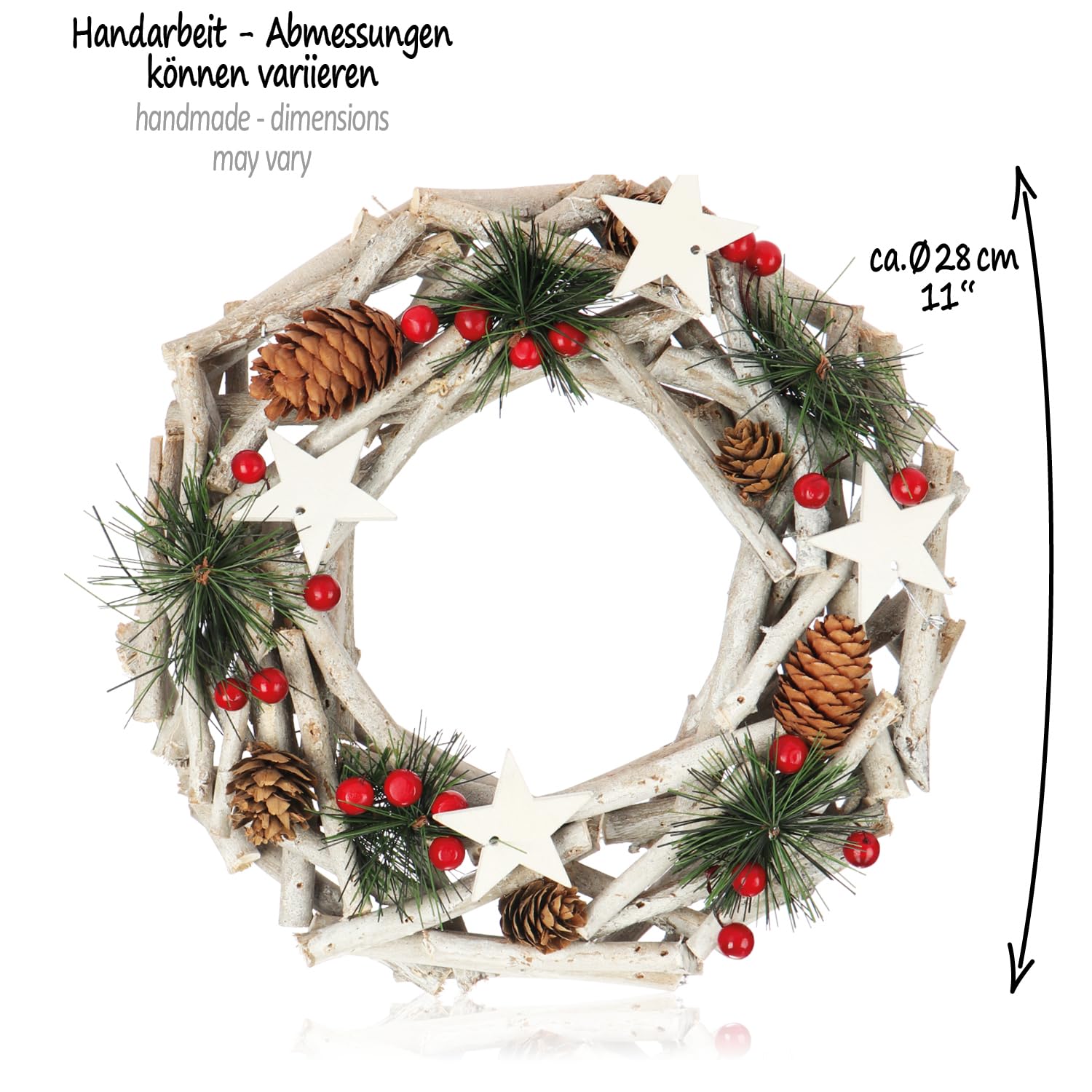 com-four® 2-teiliges Set Tischkranz Ø 28 cm & Deko-Weihnachtsbaum 40 cm | Adventskranz aus Naturzweigen mit Sternen und künstlicher Baum - Weihnachtsdeko für Tisch & Innenbereich