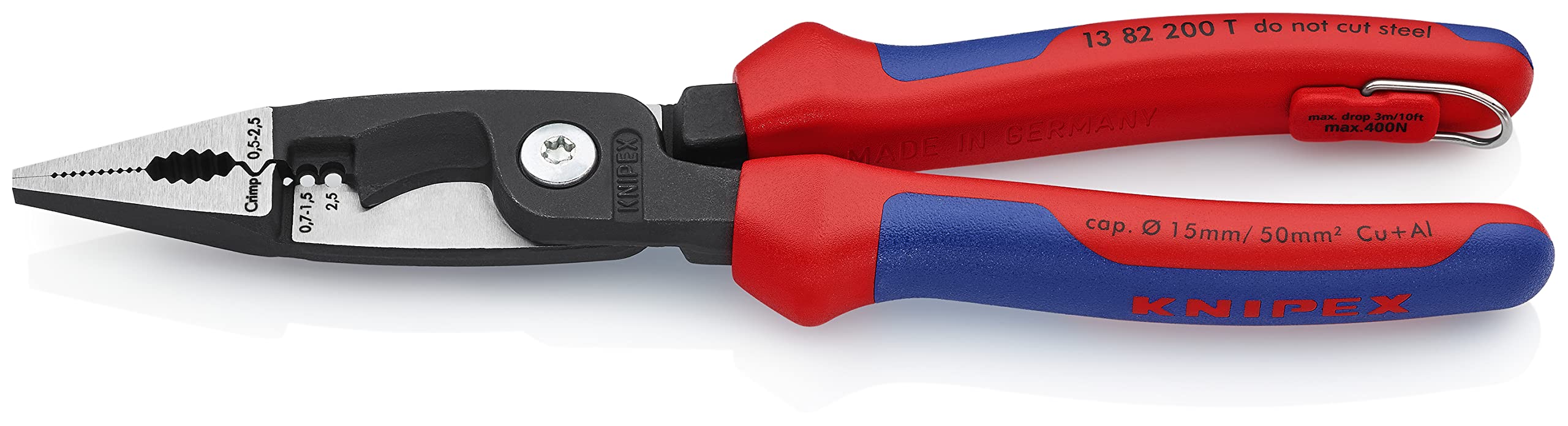KNIPEX Alicate para instalaciones eléctricas con fundas multicomponentes, con anilla de fijación integrada para, 13 82 200 T